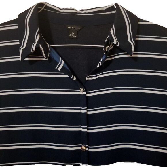 Ann Taylor Button Down Shirt Navy White Striped Long Sleeve Womens Medium - Picture 3 of 4